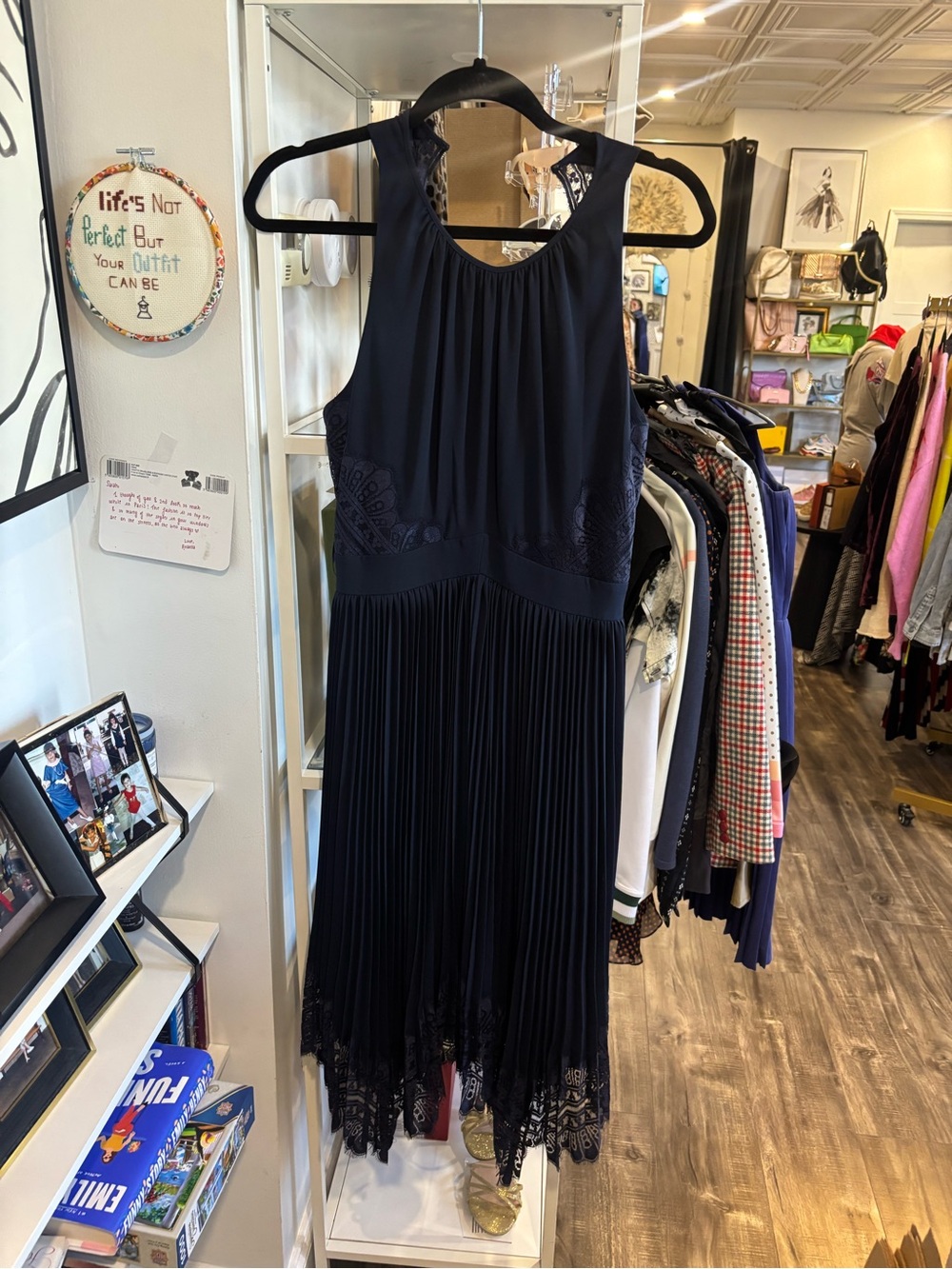 Whistles Navy Pleated Lace-Trim Midi Dress